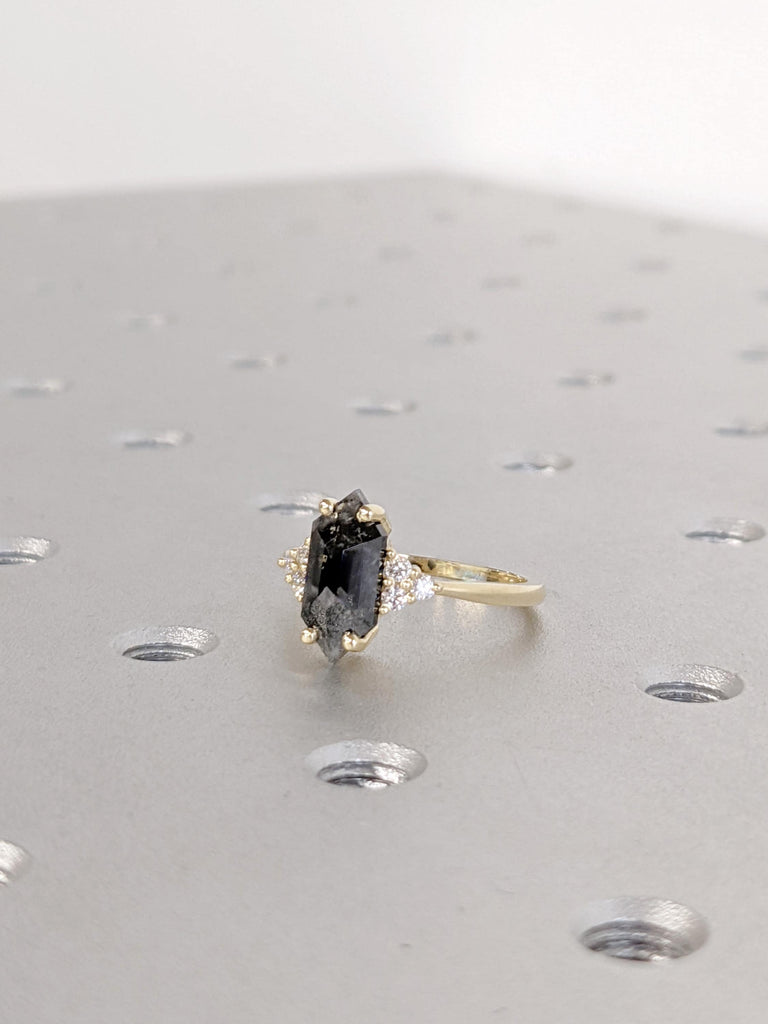14K Yellow Gold Unique Salt and Pepper Diamond Ring | Hexagon Diamond Engagement Ring | Modern Alternative Wedding Ring | Raw Bridal Jewelry