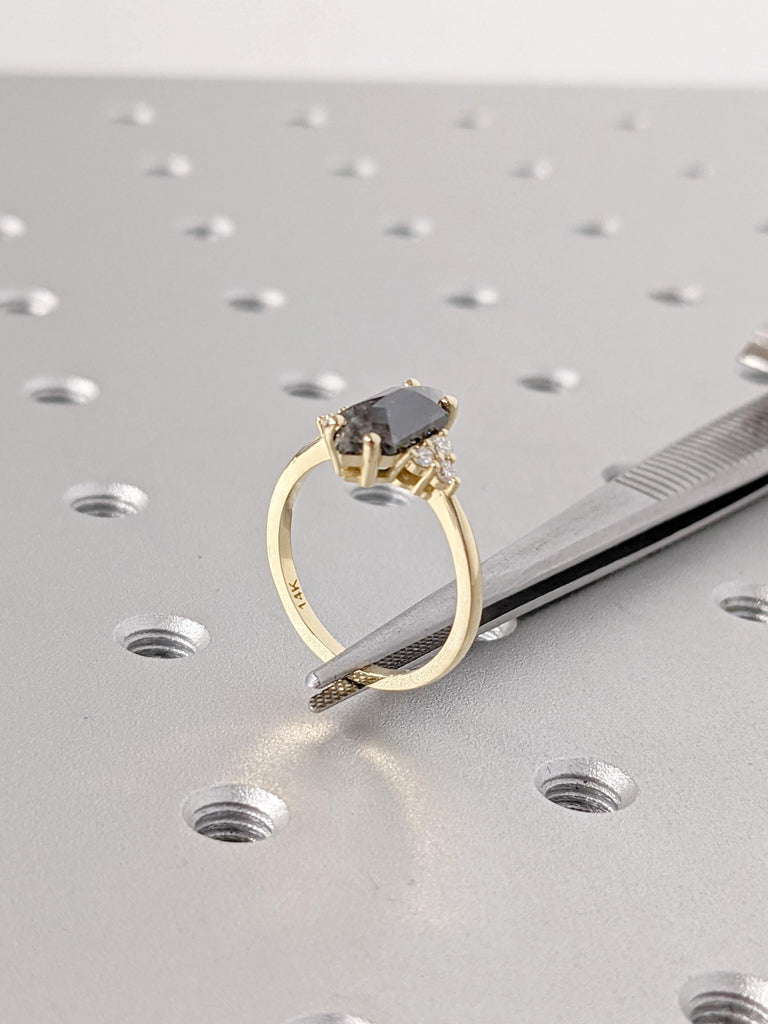 14K Yellow Gold Unique Salt and Pepper Diamond Ring | Hexagon Diamond Engagement Ring | Modern Alternative Wedding Ring | Raw Bridal Jewelry