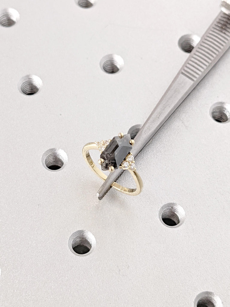 Salt and Pepper Hexagon Diamond Ring: 14K Yellow Gold Engagement Ring, Alternative Wedding Jewelry