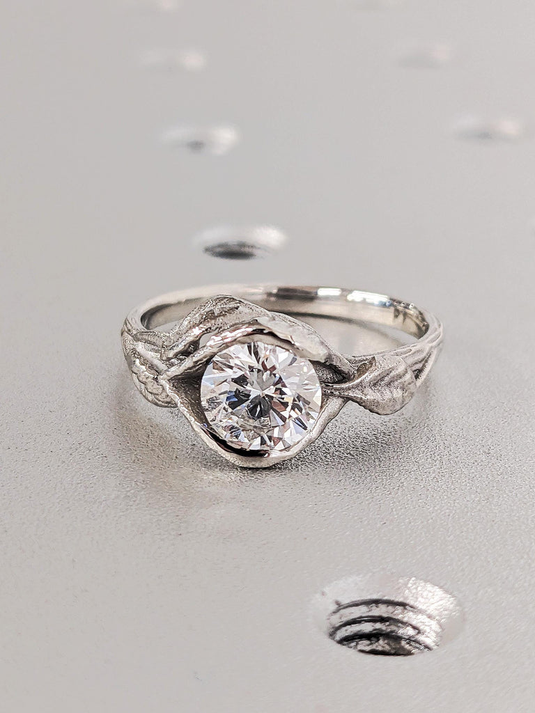 Round Cut Moissanite Engagement Ring, Platinum Solitaire Moissanite Lotus Leaves Band, Unique Bridal Jewelry, Custom Women's Wedding Ring