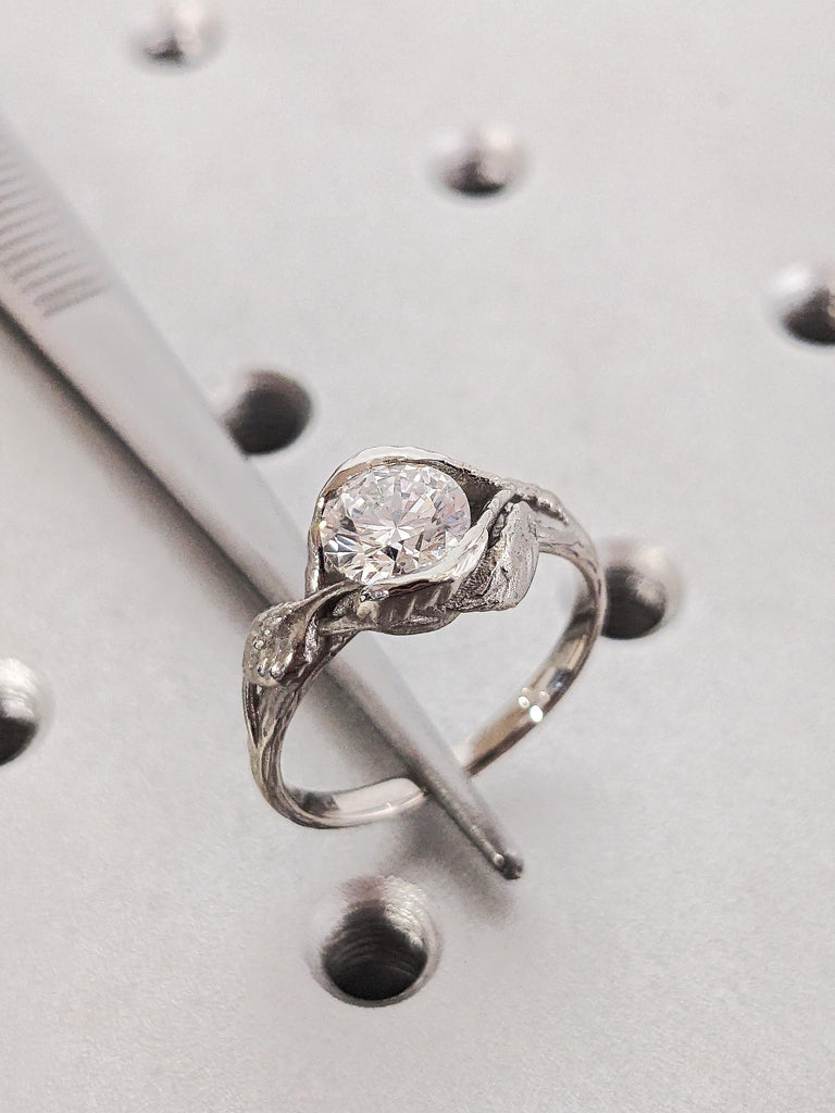 Platinum Solitaire Lab Grown Diamond Engagement Ring, Lotus Leaves Flower White Diamond Wedding Band, Unique Bridal Jewelry