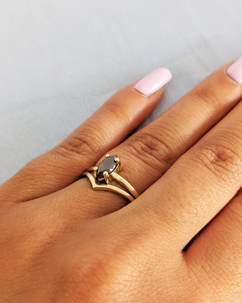 0.5-1.5ct Salt and Pepper Diamond Marquise Ring / 14K Yellow Gold Engagement Ring Set / Bridal Wedding Ring Set / Anniversary Gift for Women