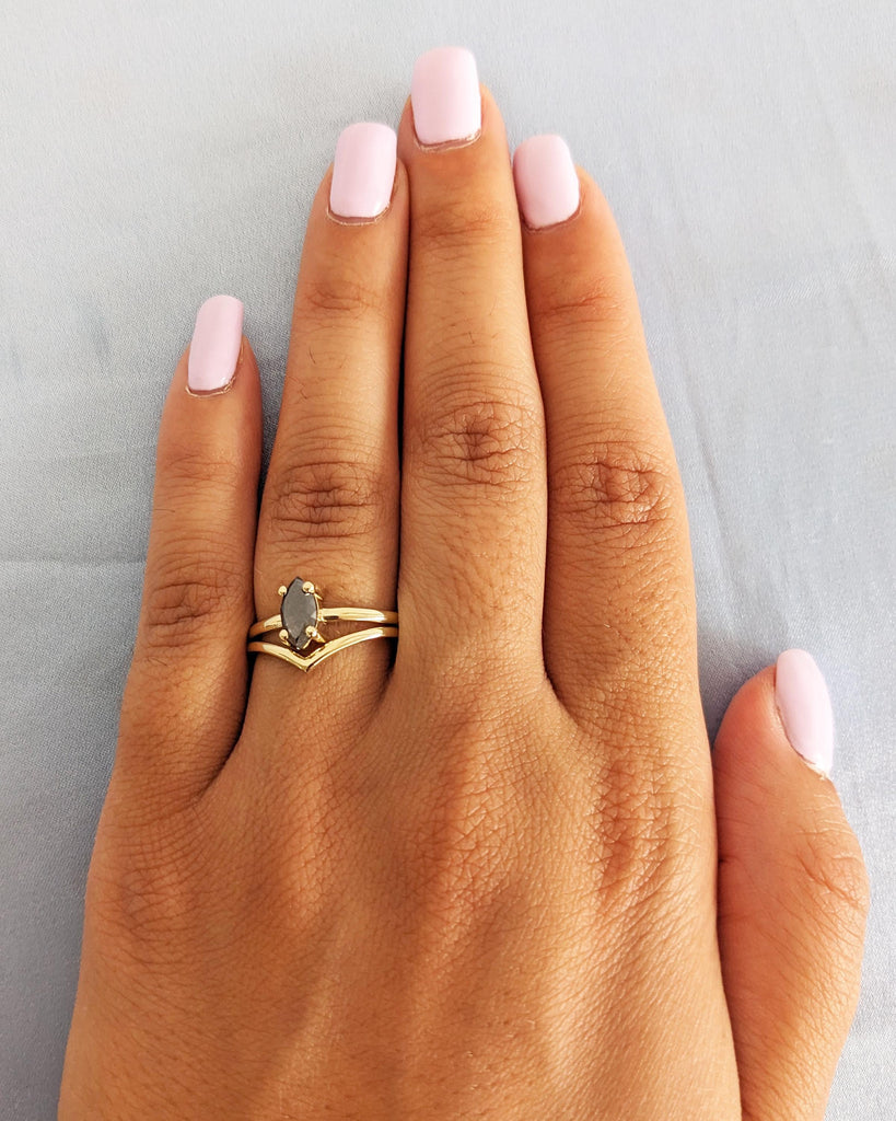 0.5-1.5ct Salt and Pepper Diamond Marquise Ring / 14K Yellow Gold Engagement Ring Set / Bridal Wedding Ring Set / Anniversary Gift for Women