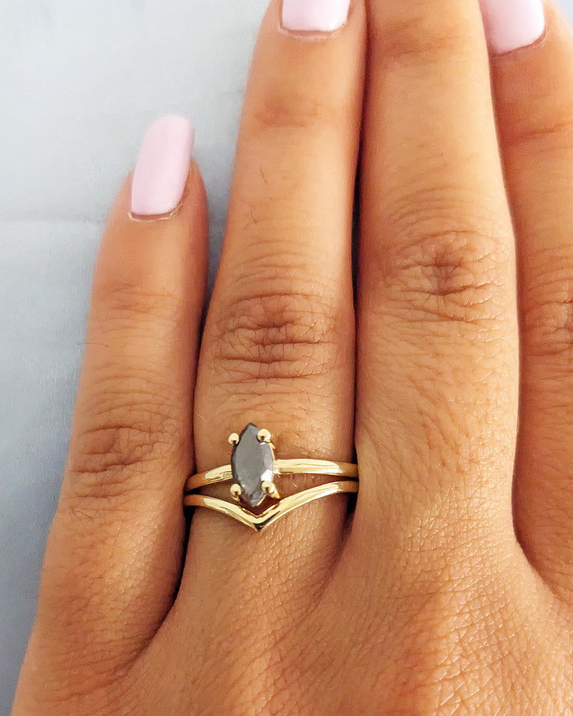 0.5-1.5ct Salt and Pepper Diamond Marquise Ring / 14K Yellow Gold Engagement Ring Set / Bridal Wedding Ring Set / Anniversary Gift for Women
