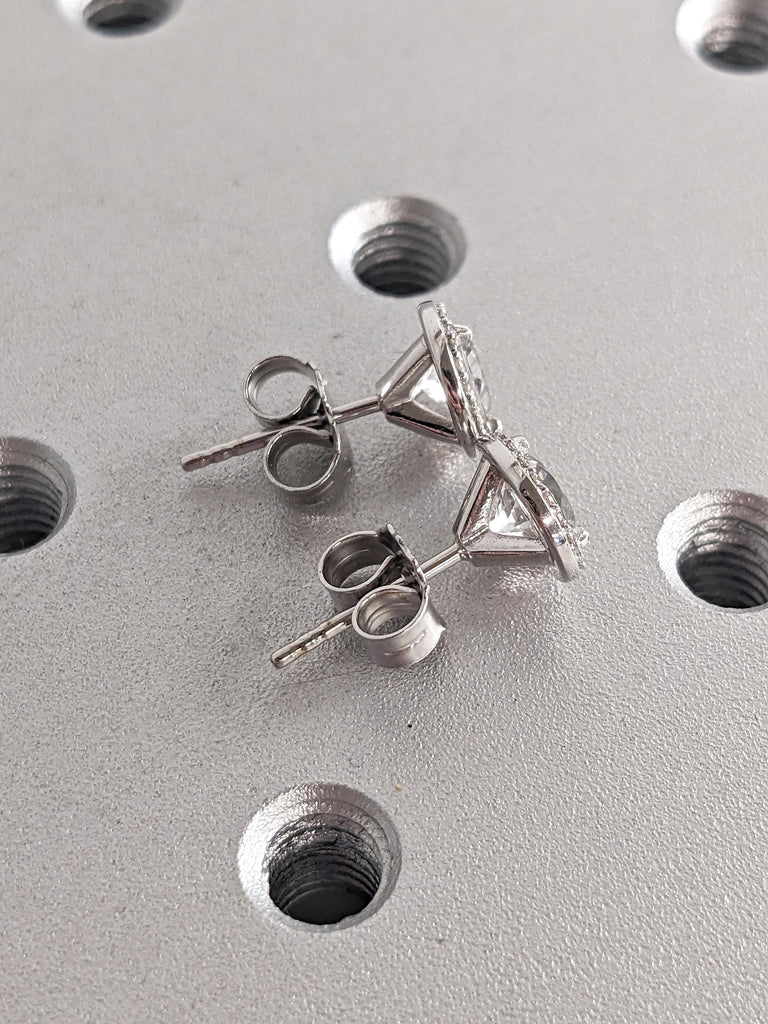 Solid Gold Minimalist Halo Stud Earrings | CVD Diamonds Halo Round Earrings | Wedding Jewelry