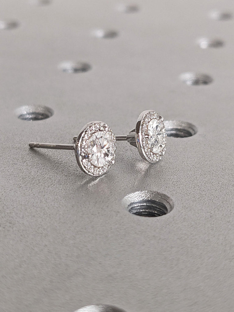 Round VVS Moissanite Stud Earrings | 14k 18k White Gold Pair Earrings | Diamond Halo Stud Earrings for Women | Wedding Anniversary Gift