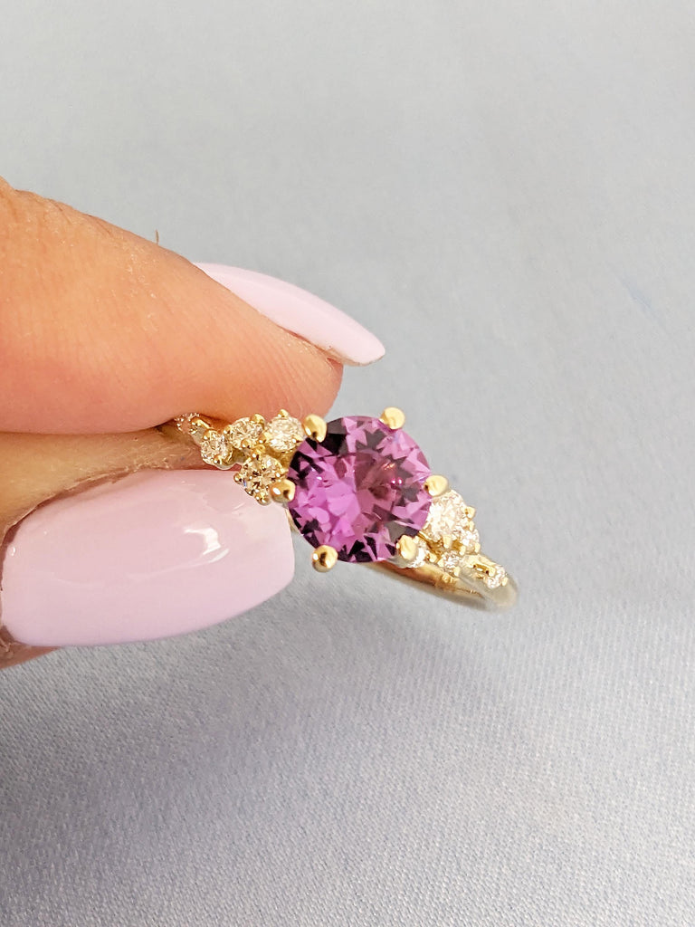 Vintage Round Alexandrite Engagement Ring, 14K Solid Gold Ring, Unique Snowdrift Diamond Cluster Promise Ring, Art Deco Lab Alexandrite Ring