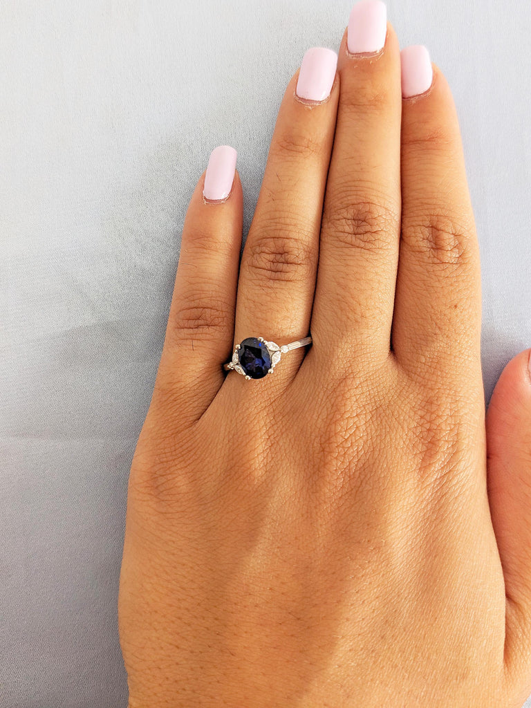 Oval Engagement Ring, Lab Sapphire Ring, 14k White Gold Ring, Round, Marquise Diamond Cluster Ring