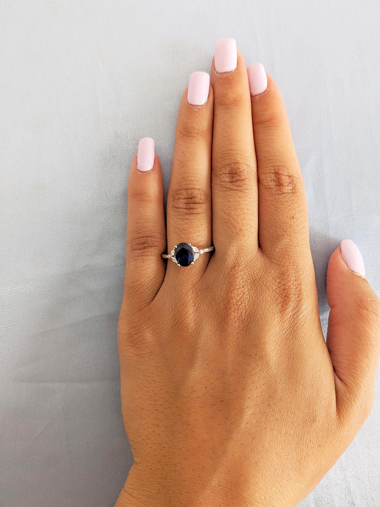 Oval Engagement Ring, Lab Sapphire Ring, 14k White Gold Ring, Round, Marquise Diamond Cluster Ring