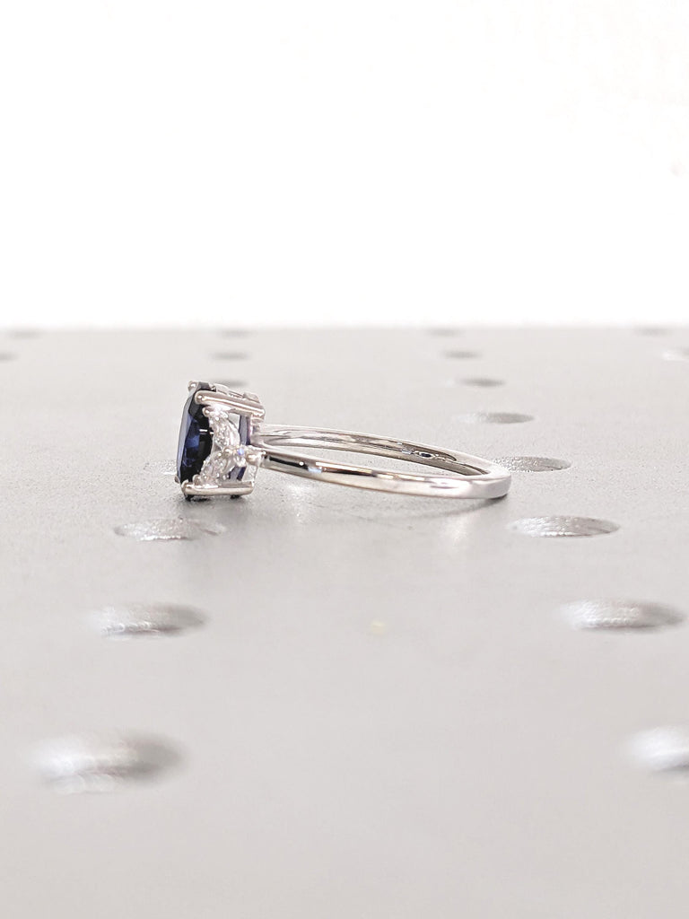 Oval Engagement Ring, Lab Sapphire Ring, 14k White Gold Ring, Round, Marquise Diamond Cluster Ring