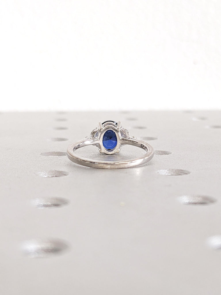 Oval Engagement Ring, Lab Sapphire Ring, 14k White Gold Ring, Round, Marquise Diamond Cluster Ring
