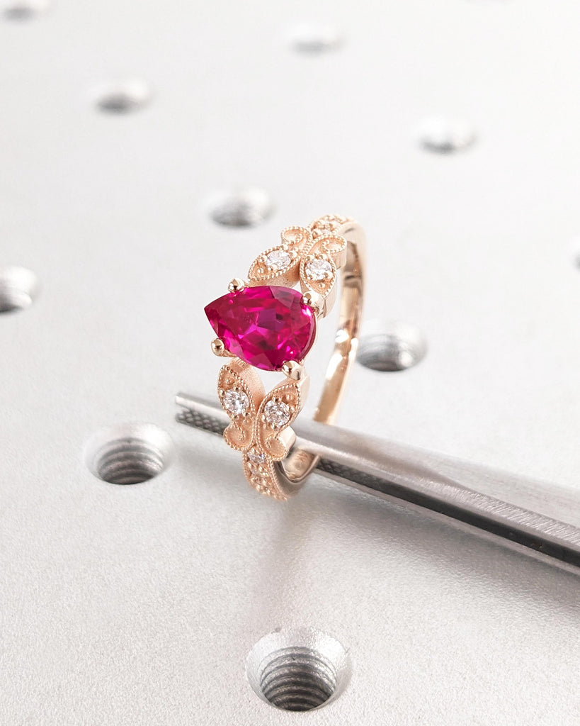 14K Rose Gold Butterfly Ring | Dainty Red Ruby Promise Ring | Pear Lab Ruby Engagement Ring | Teardrop Ring | Nature Ring | July Birthstone Gift