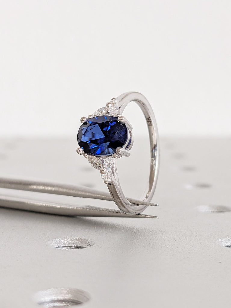Oval Engagement Ring, Lab Sapphire Ring, 14k White Gold Ring