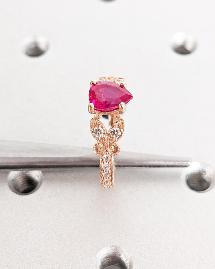 14K Rose Gold Butterfly Ring, Dainty Red Ruby Promise Ring, Pear Lab Ruby Engagement Ring, Teardrop Ring, Nature Ring, July Birthstone Gift