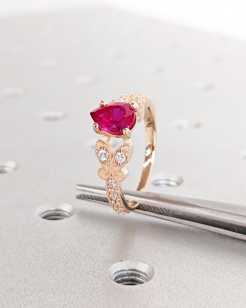 14K Rose Gold Butterfly Ring, Dainty Red Ruby Promise Ring, Pear Lab Ruby Engagement Ring, Teardrop Ring, Nature Ring, July Birthstone Gift