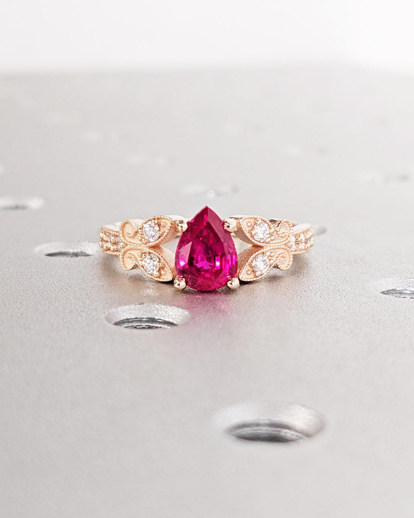 Filigree Butterfly Ring with Teardrop Red Ruby | Pear Cut Engagement Ring | Nature Promise Ring | 14K Rose Gold Ring | Butterfly Jewelry