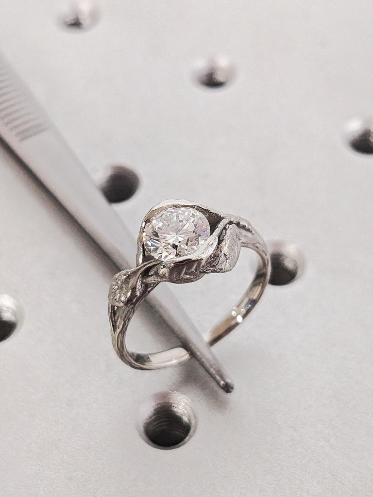 Platinum Solitaire Moissanite Diamond Engagement Ring, Lotus Leaves Flower Wedding Band, Unique Bridal Jewelry