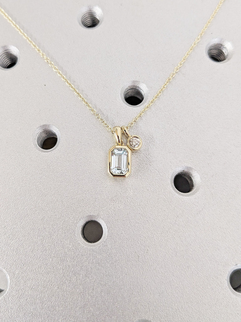 Emerald Cut Lab Aquamarine Necklace, 14K Solid Yellow Gold Dainty Diamond Pendant, Classic Necklace for Her, Everyday Diamond Gold Necklace