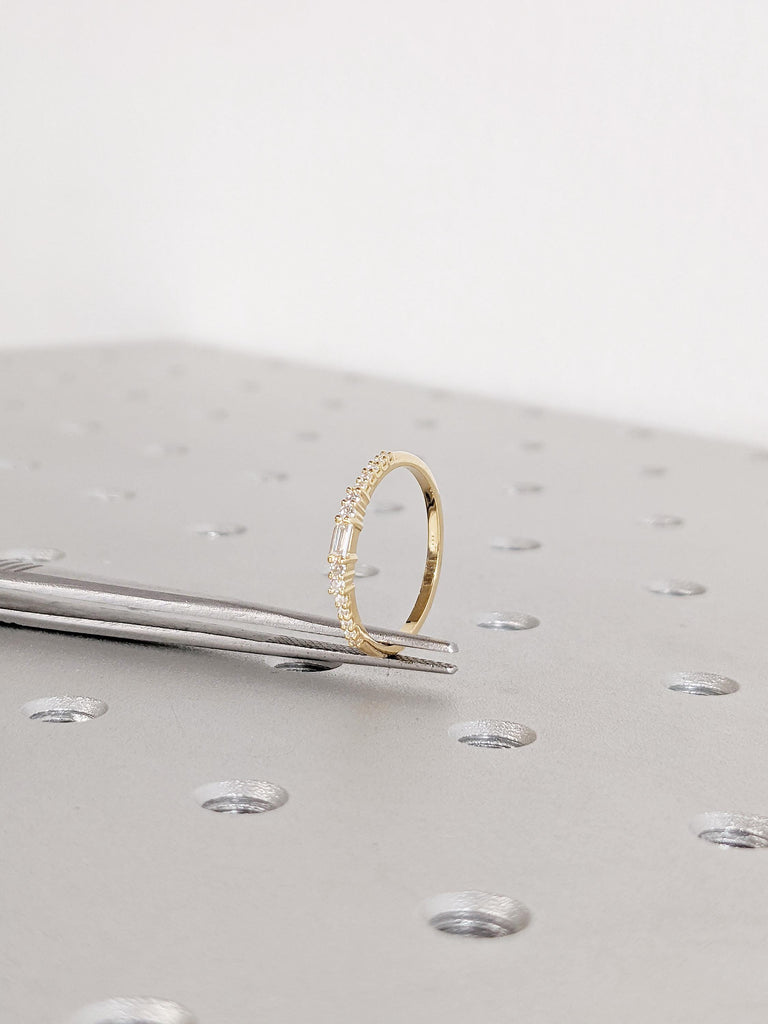 18K Yellow Gold Matching Ring | Dainty Diamond Wedding Band | Baguette and Round Prong Setting Diamond Band | Classic Stacking Bridal Ring