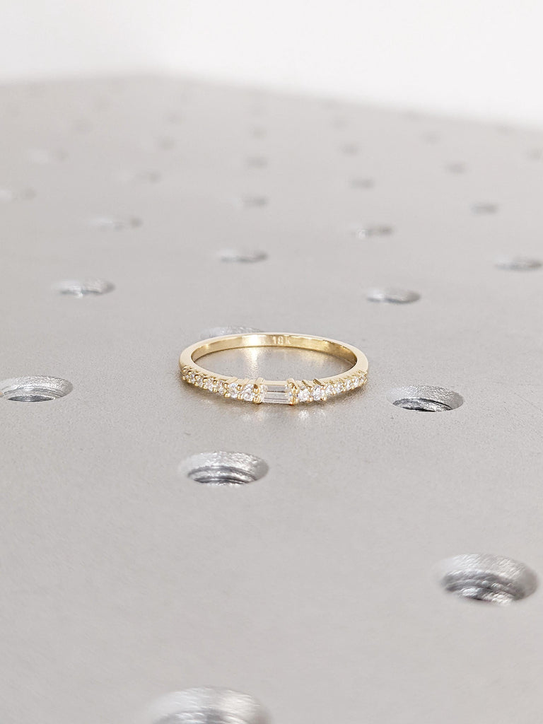 18K Yellow Gold Matching Ring | Dainty Diamond Wedding Band | Baguette and Round Prong Setting Diamond Band | Classic Stacking Bridal Ring