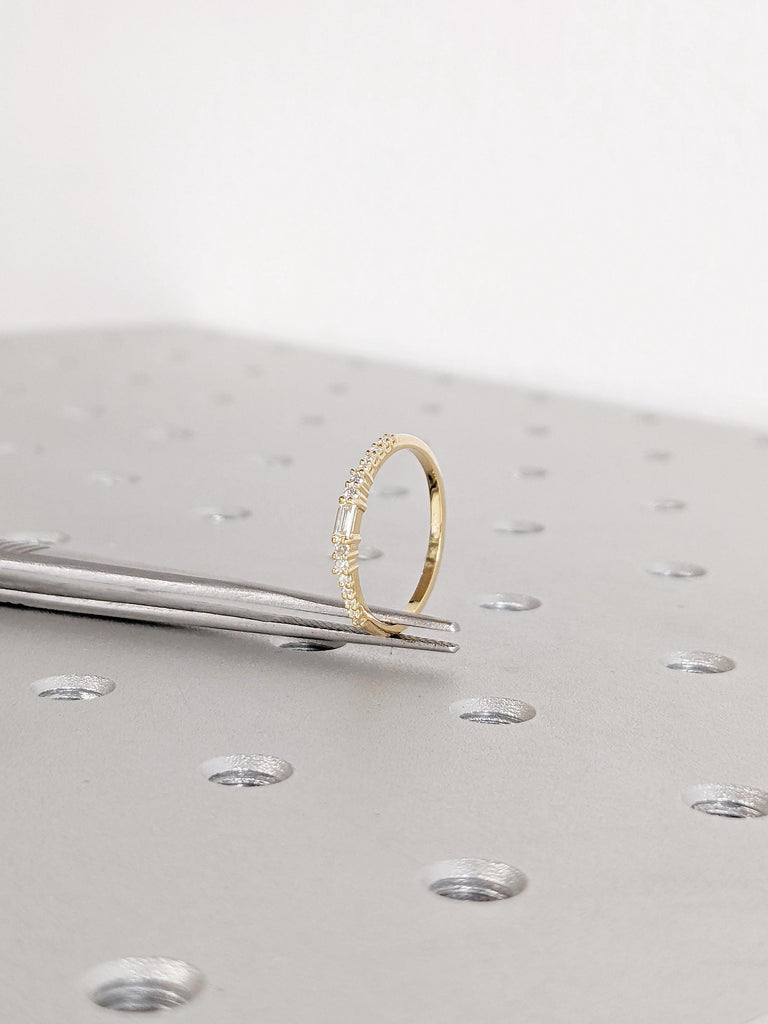 18K Yellow Gold Matching Ring | Dainty Diamond Wedding Band | Baguette and Round Prong Setting Diamond Band | Classic Stacking Bridal Ring