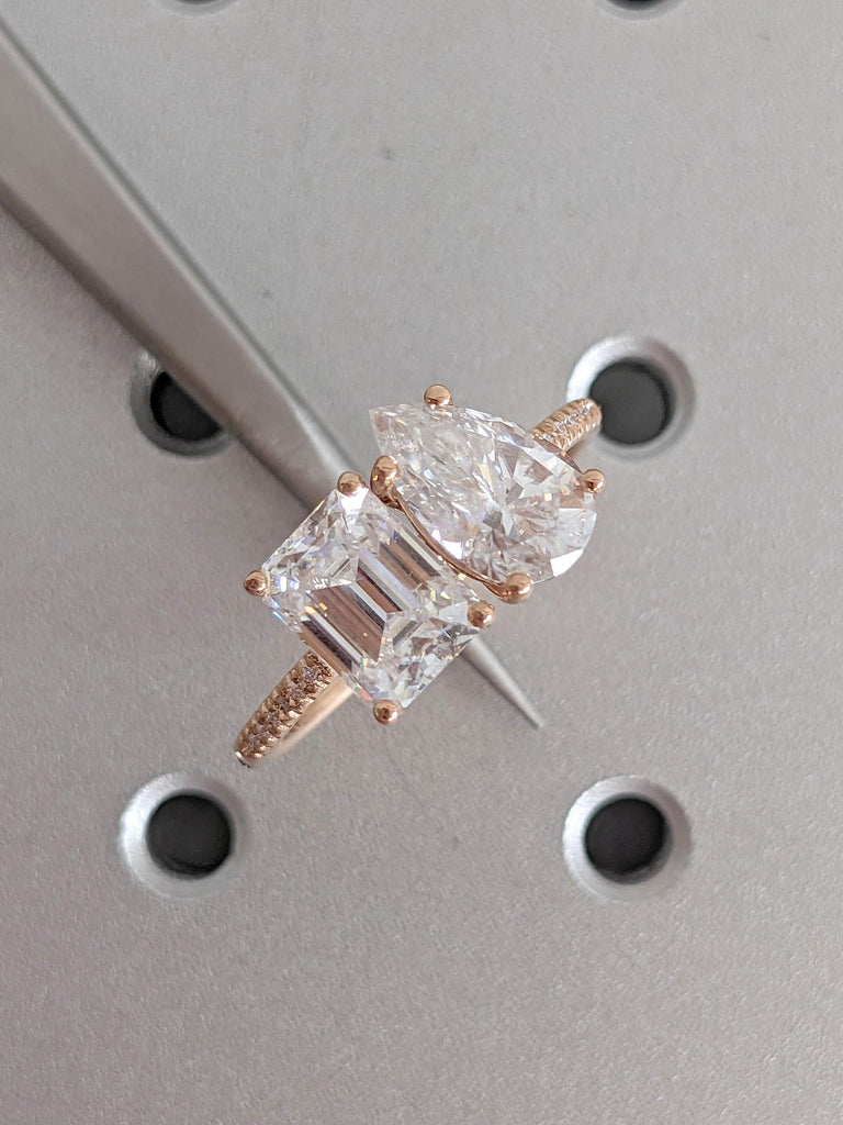 1,2,3,4 CT 14K Solid Rose Gold Pear Cut & Emerald Cut CVD Diamond Engagement Ring, Toi et Moi Promise Ring, Anniversary Gift for Her