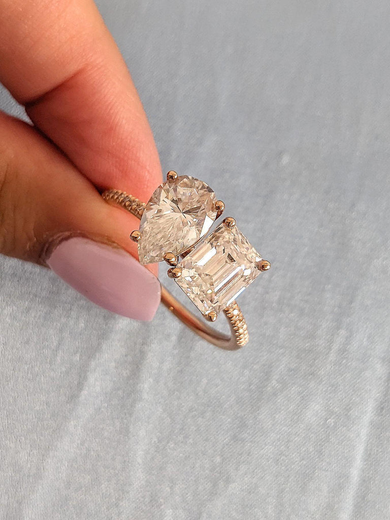 1,2,3,4 CT 14K Solid Rose Gold Pear Cut & Emerald Cut Moissanite Engagement Ring, Toi et Moi Promise Ring, Anniversary Gift for Her