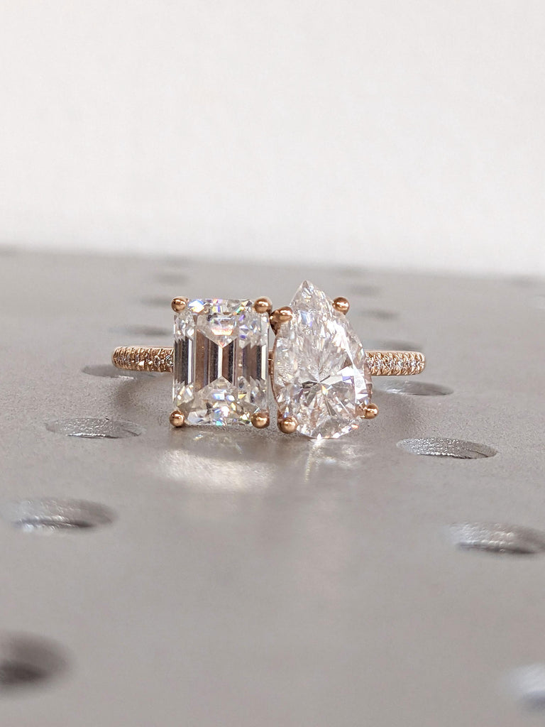 2.50 CT Emerald & Pear Moissanite Engagement Ring | 14K Solid Gold Double Stone Ring | Toi et Moi Ring for Women | Paved Diamond Eternity Band