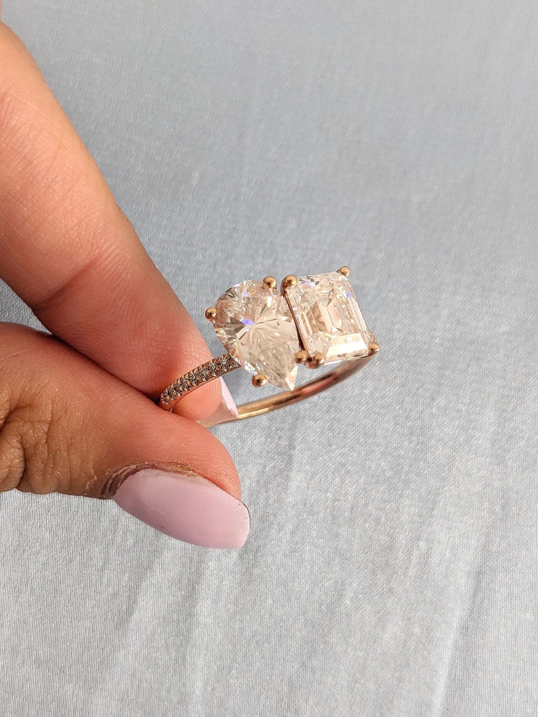 Toi et Moi Ring 14k Rose Gold | Pear cut Moissanite Promise Ring | Emerald cut Engagement Ring | Two Stone Wedding Ring Anniversary Gift
