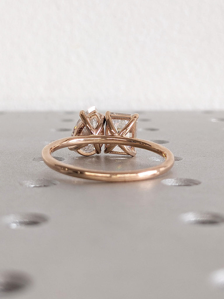 Two Stone Rose Gold Engagement Ring | Emerald and Pear cut Moissanite Ring | Diamond Eternity Band