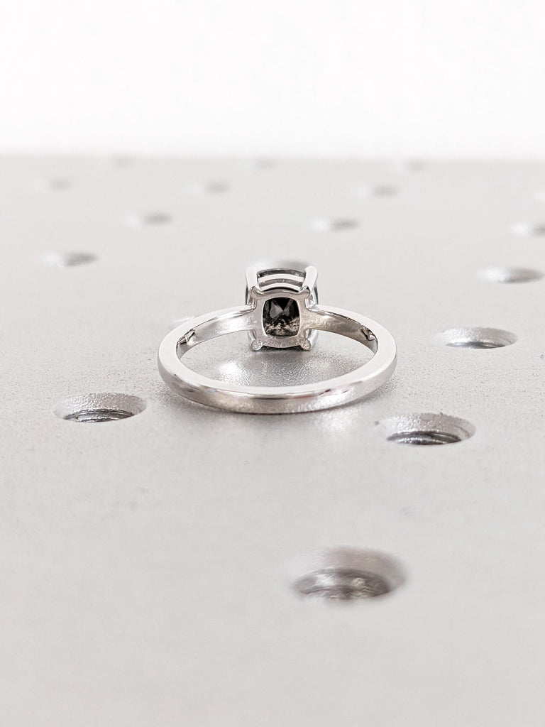 Salt and Pepper Diamond Ring, 14K White Gold Solitaire Engagement Ring, Cushion Cut Ring, Modern Minimalist Ring, Bridal Jewelry for Women