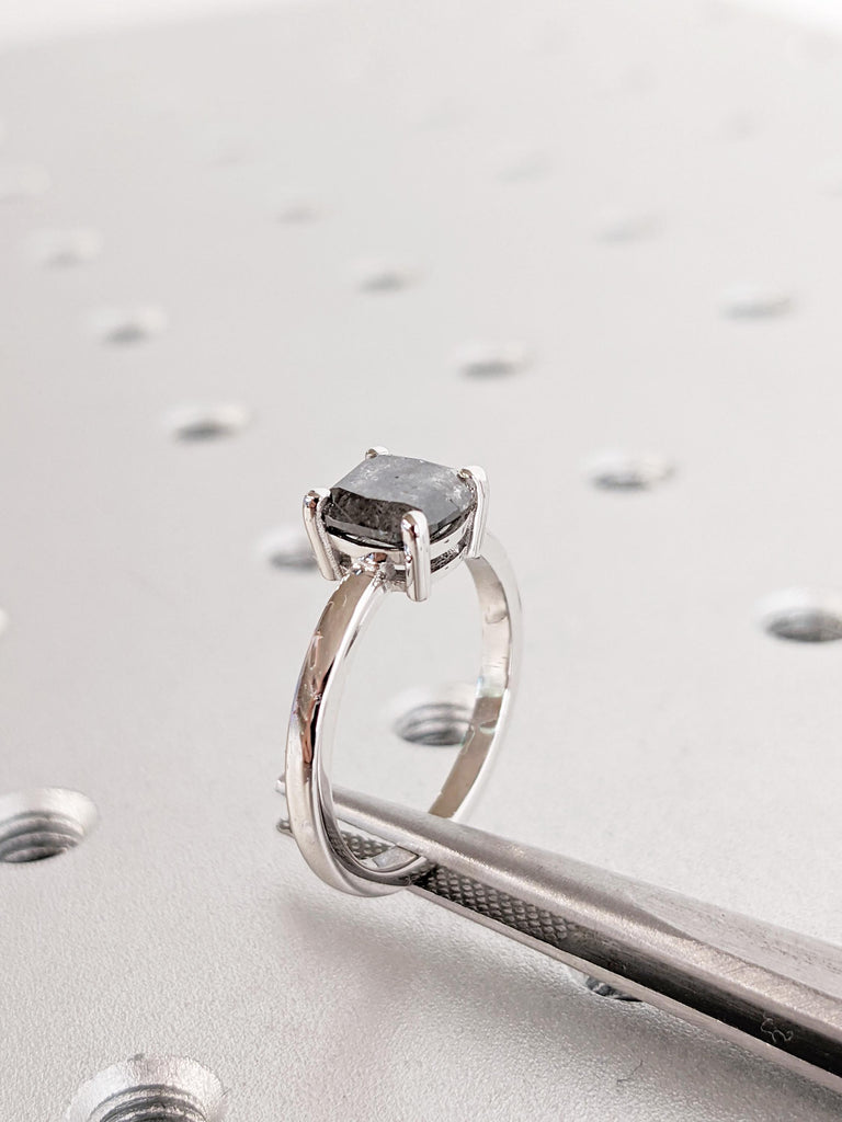 Salt and Pepper Diamond Ring, 14K White Gold Solitaire Engagement Ring, Cushion Cut Ring, Modern Minimalist Ring, Bridal Jewelry for Women