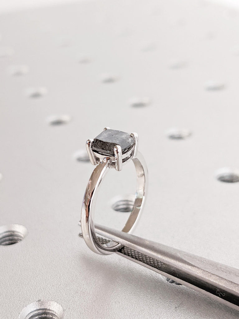 Salt and Pepper Diamond Ring: Cushion Cut Solitaire Engagement Ring for Women