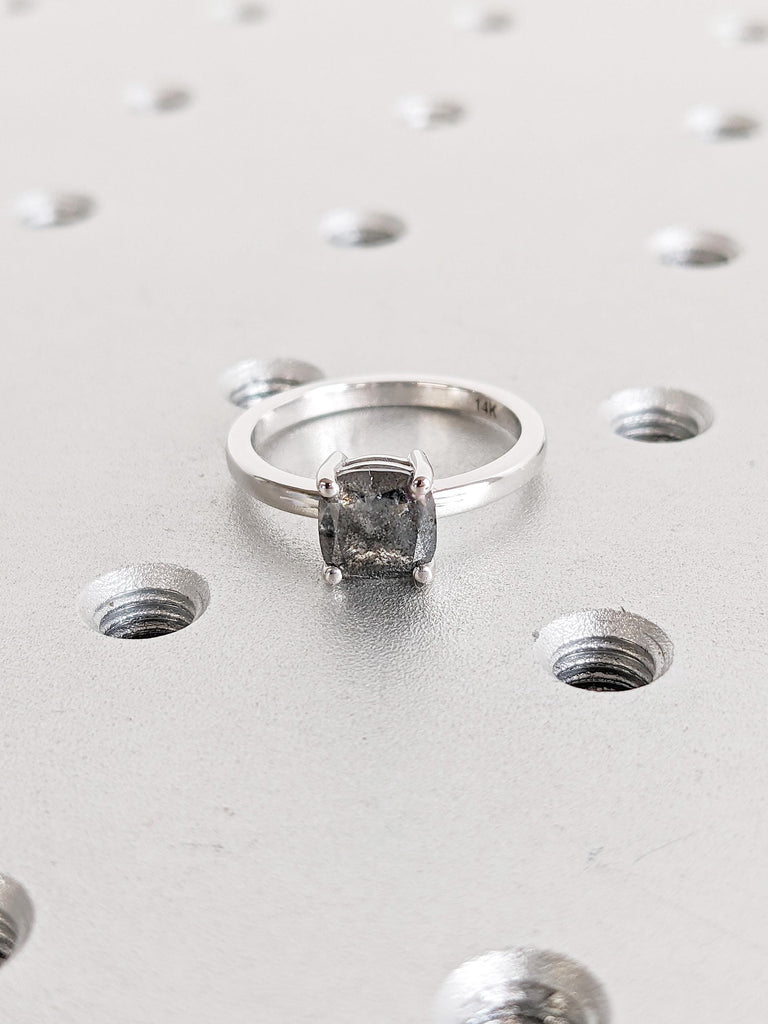 Salt and Pepper Diamond Ring, 14K White Gold Solitaire Engagement Ring, Cushion Cut Ring, Modern Minimalist Ring, Bridal Jewelry for Women