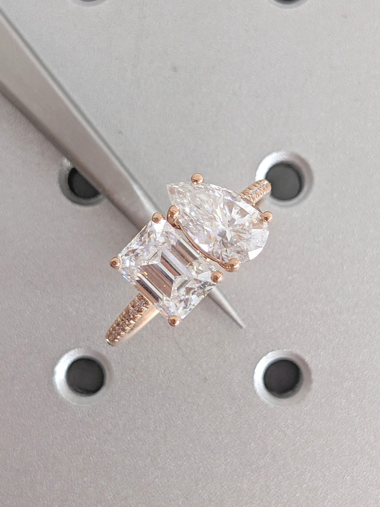 Toi et Moi Ring 14k Rose Gold | Pear cut Moissanite Promise Ring | Emerald cut Engagement Ring | Two Stone Wedding Ring Anniversary Gift