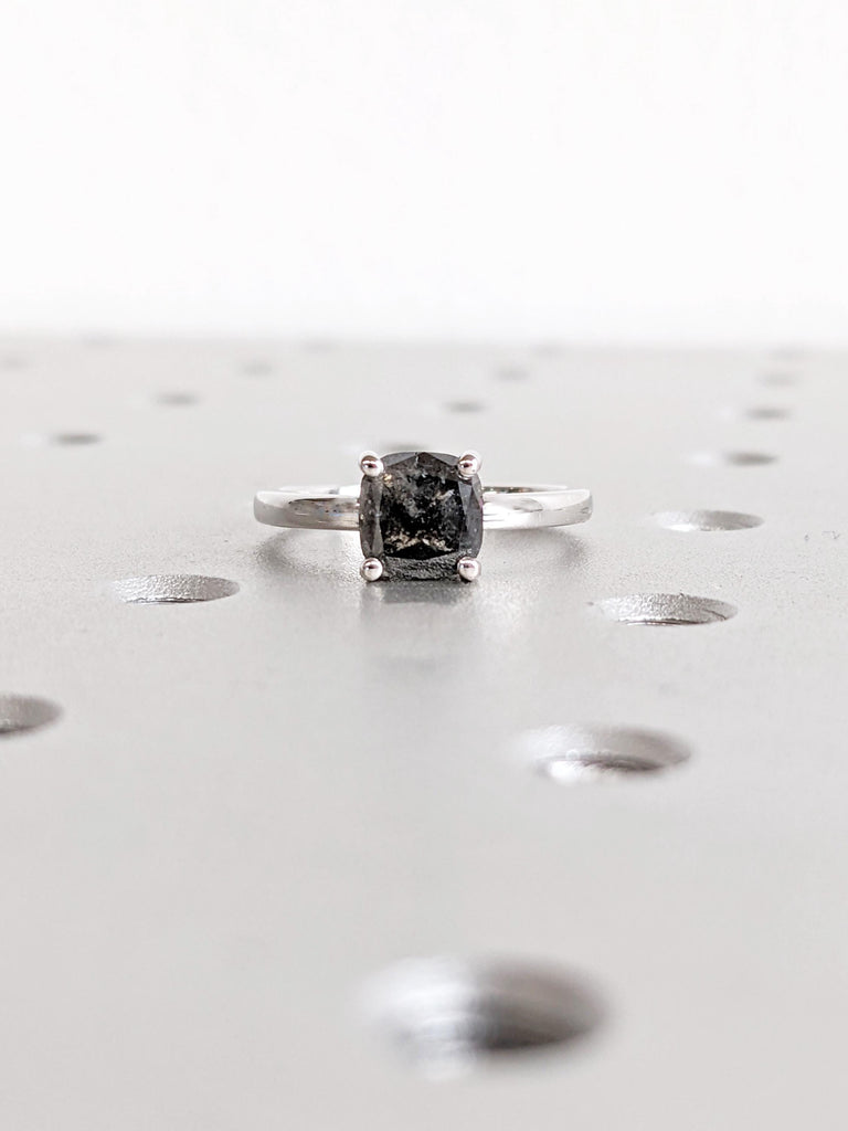 Salt and Pepper Diamond Ring, 14K White Gold Solitaire Engagement Ring, Cushion Cut Ring, Modern Minimalist Ring, Bridal Jewelry for Women