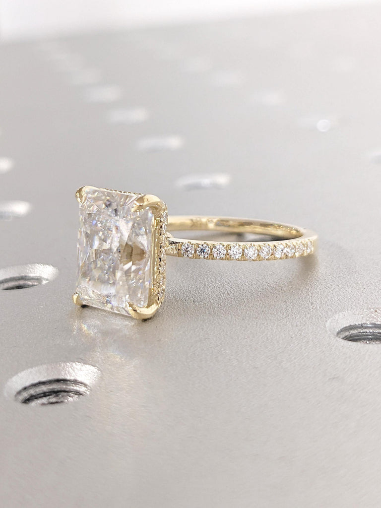 Hidden Halo Moissanite Ring, 14k Yellow Gold Half Eternity Ring, Dainty Engagement Ring