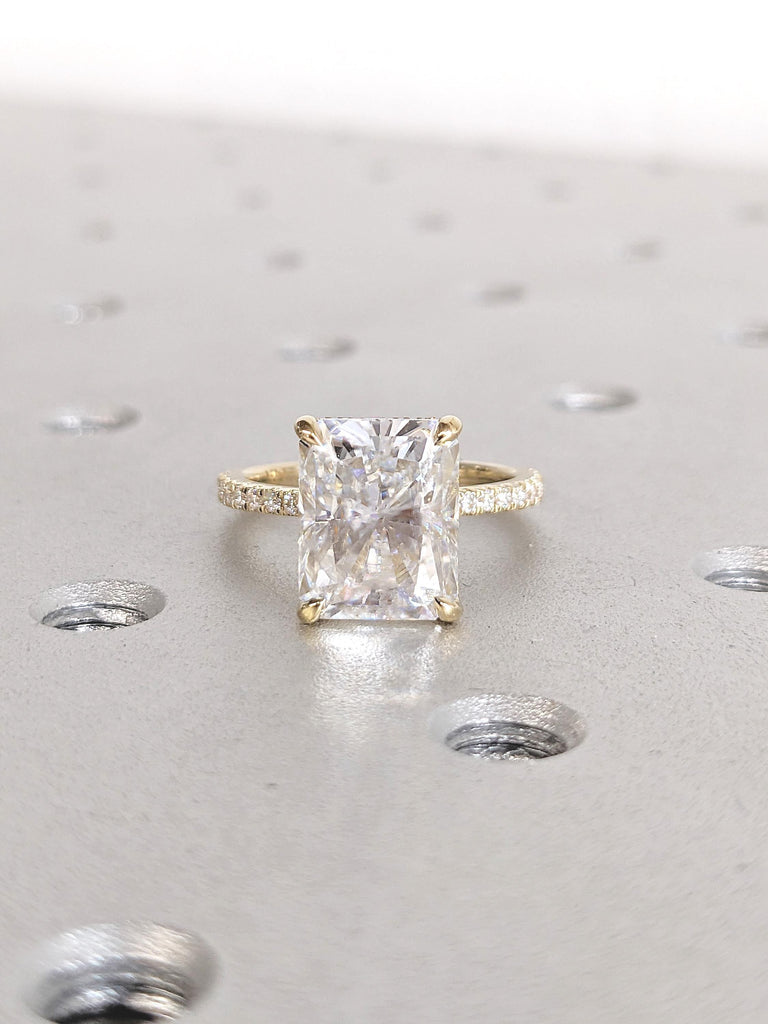 Hidden Halo Moissanite Ring, 14k Yellow Gold Half Eternity Ring, Dainty Engagement Ring