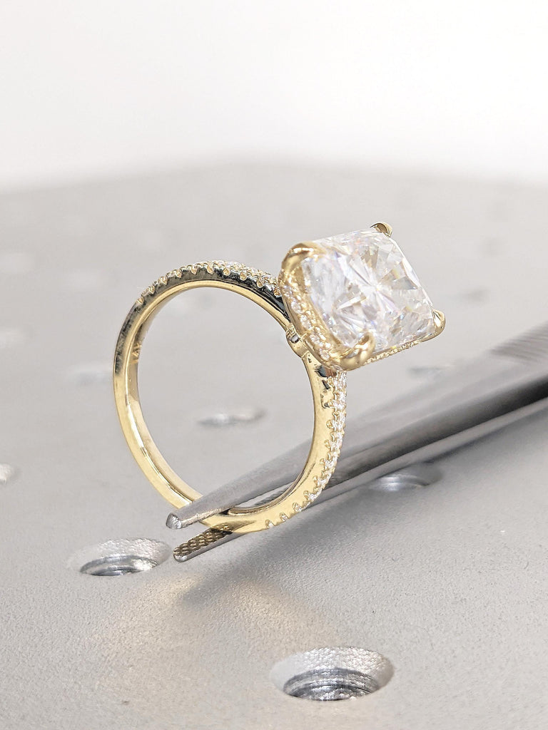 Hidden Halo Moissanite Ring, 14k Yellow Gold Half Eternity Ring, Dainty Engagement Ring