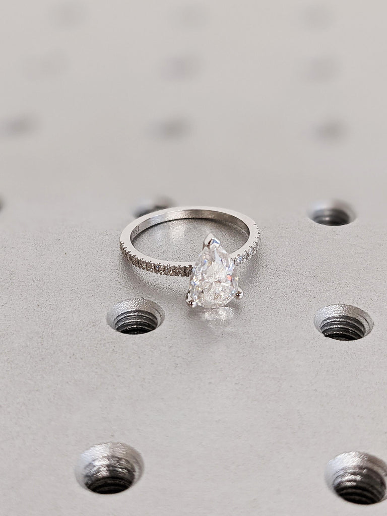 18K White Gold Vintage Lab Grown Diamond Engagement Ring, Pear Cut Diamond Pavé Wedding Band, Bridal Jewelry image #4