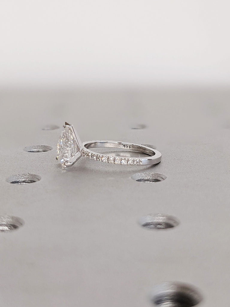 18K White Gold Vintage Lab Grown Diamond Engagement Ring, Pear Cut Diamond Pavé Wedding Band, Bridal Jewelry image #5