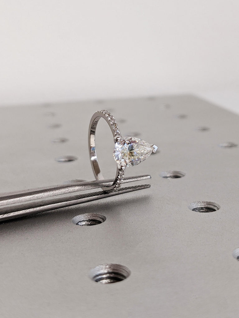 18K White Gold Vintage Lab Grown Diamond Engagement Ring, Pear Cut Diamond Pavé Wedding Band, Bridal Jewelry image #8