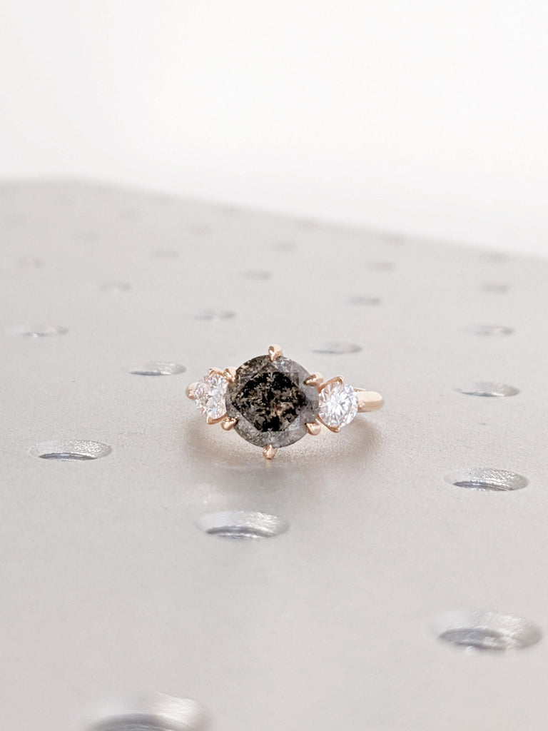 Salt and Pepper Diamond Ring | Round cut Diamond Engagement Ring | 14K Rose Gold Diamond Alternative Bridal Ring | Bridal Ring for Wedding