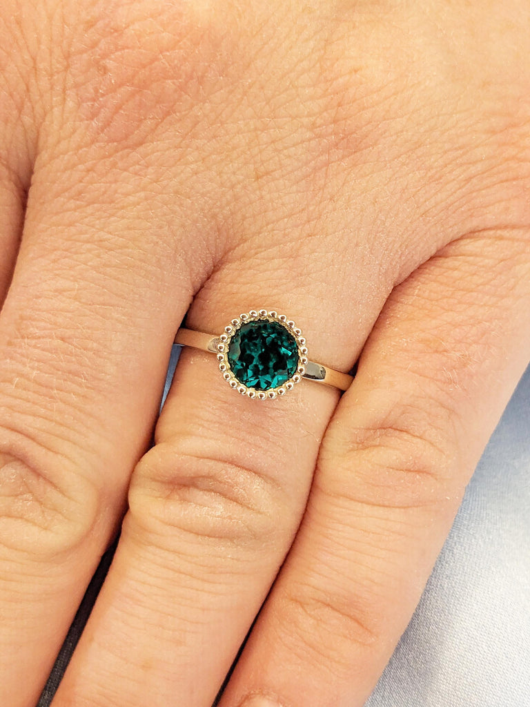 Round Cut Lab Emerald Ring, Bezel Engagement Ring, Milgrain White Gold Ring, Solitaire Ring