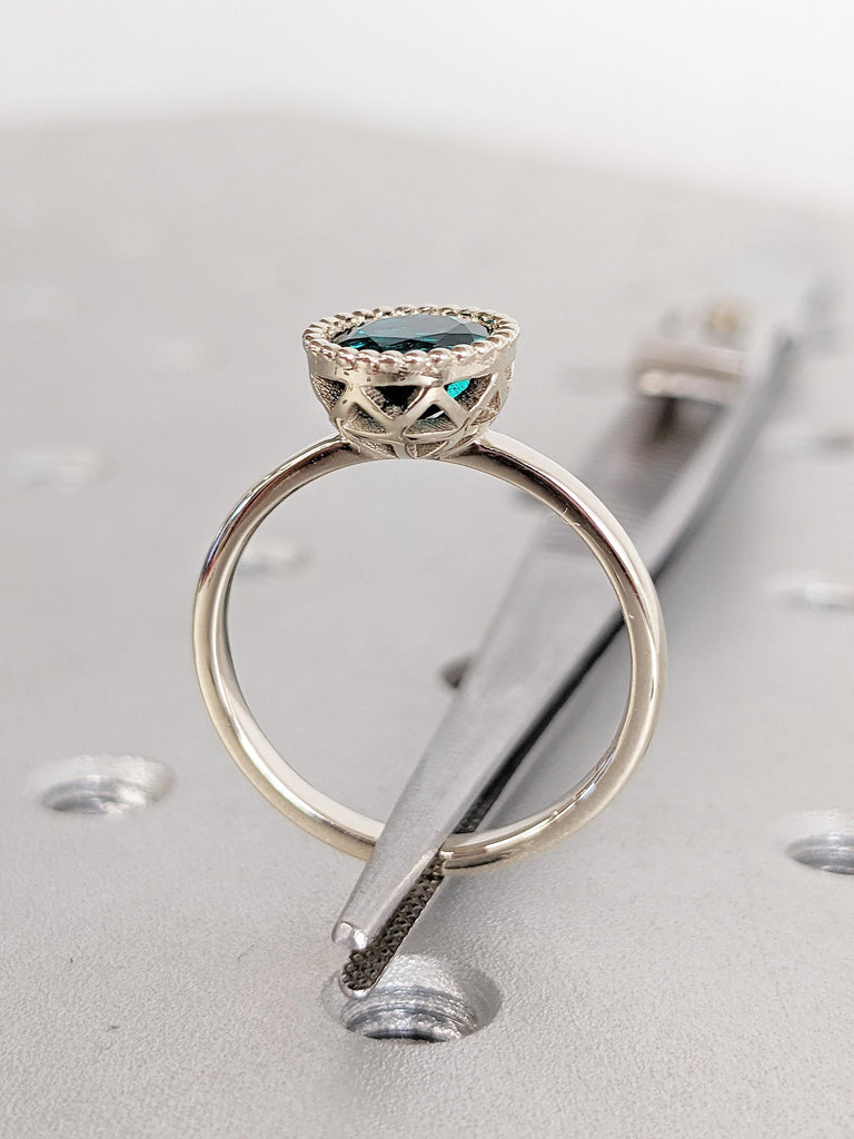 Bezel Set Emerald Ring, 14k White Gold Engagement Ring, Milgrain Ring, Round Cut Green Gemstone Ring, Lab Grown Emerald Ring, Solitaire Ring