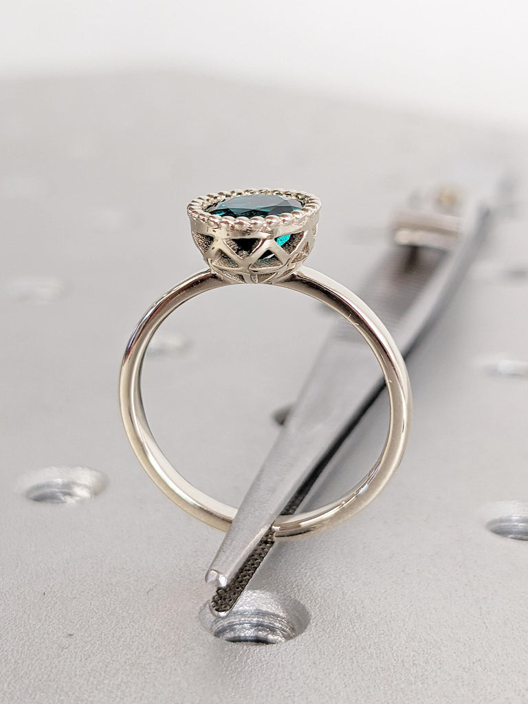 Round Cut Lab Emerald Ring, Bezel Engagement Ring, Milgrain White Gold Ring, Solitaire Ring