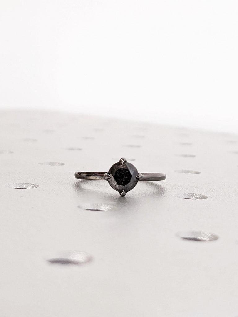 Raw Salt and Pepper Diamond Ring: Round Cut Solitaire in Talon Prong