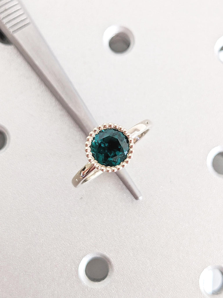 Bezel Set Emerald Ring, 14k White Gold Engagement Ring, Milgrain Ring
