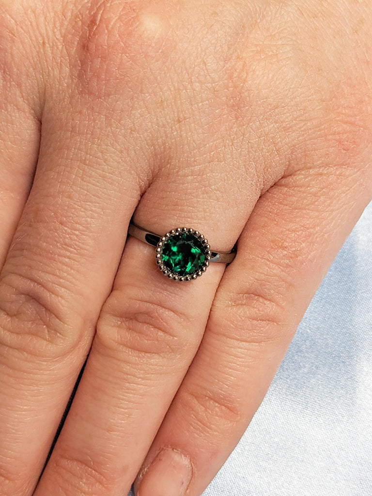 Solitaire Ring, Lab Emerald Ring, Milgrain 14k Black Gold Bezel Set Ring, Vintage Engagement Ring