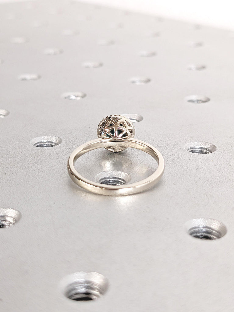 Round Cut Lab Emerald Ring, Bezel Engagement Ring, Milgrain White Gold Ring, Solitaire Ring